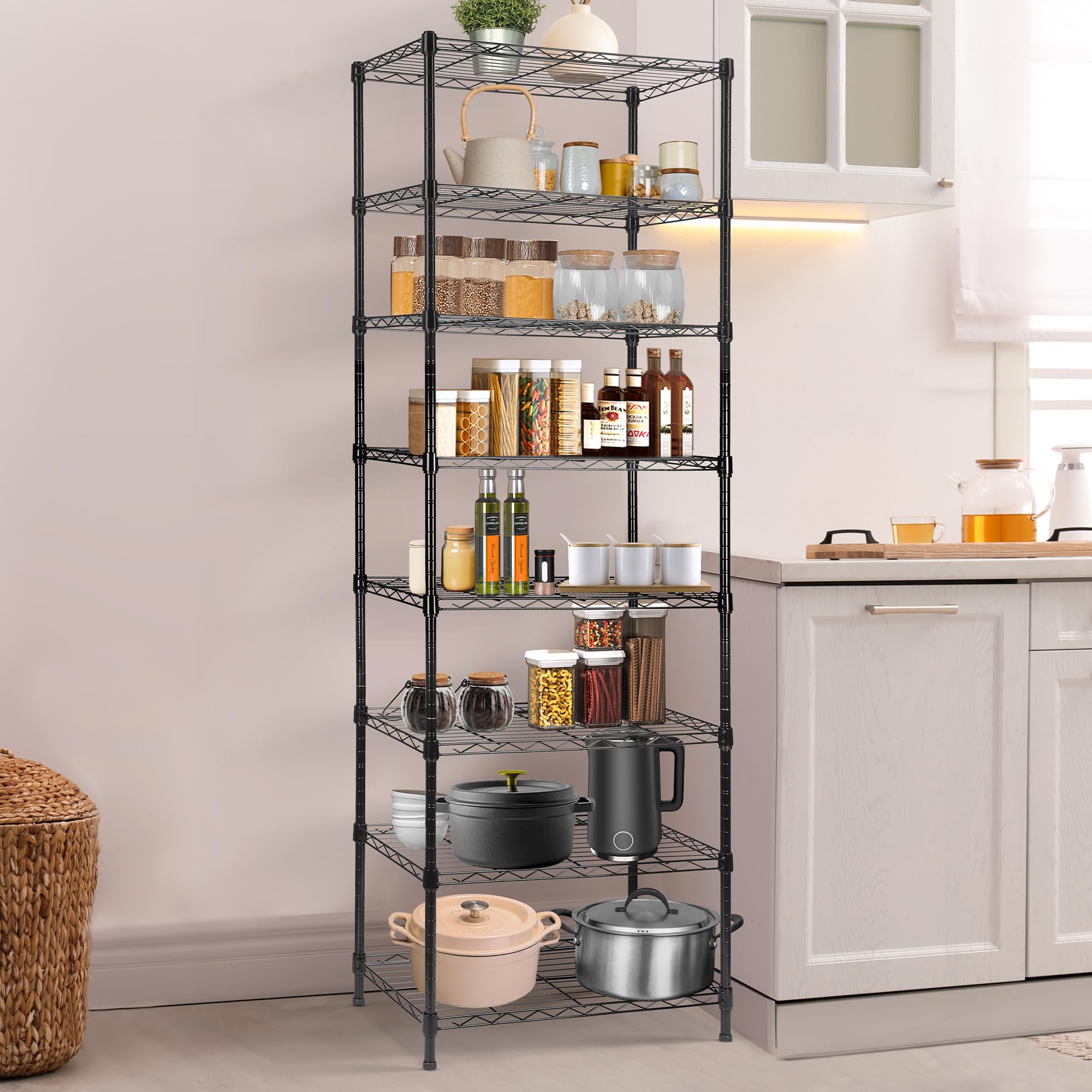 REGILLER 8-Wire Shelving Metal Storage Rack Adjustable Shelves,Standing Storage Shelf Units for Laundry Bathroom Kitchen Pantry Closet (Black,23.9L x 13.9W x 72.1H)