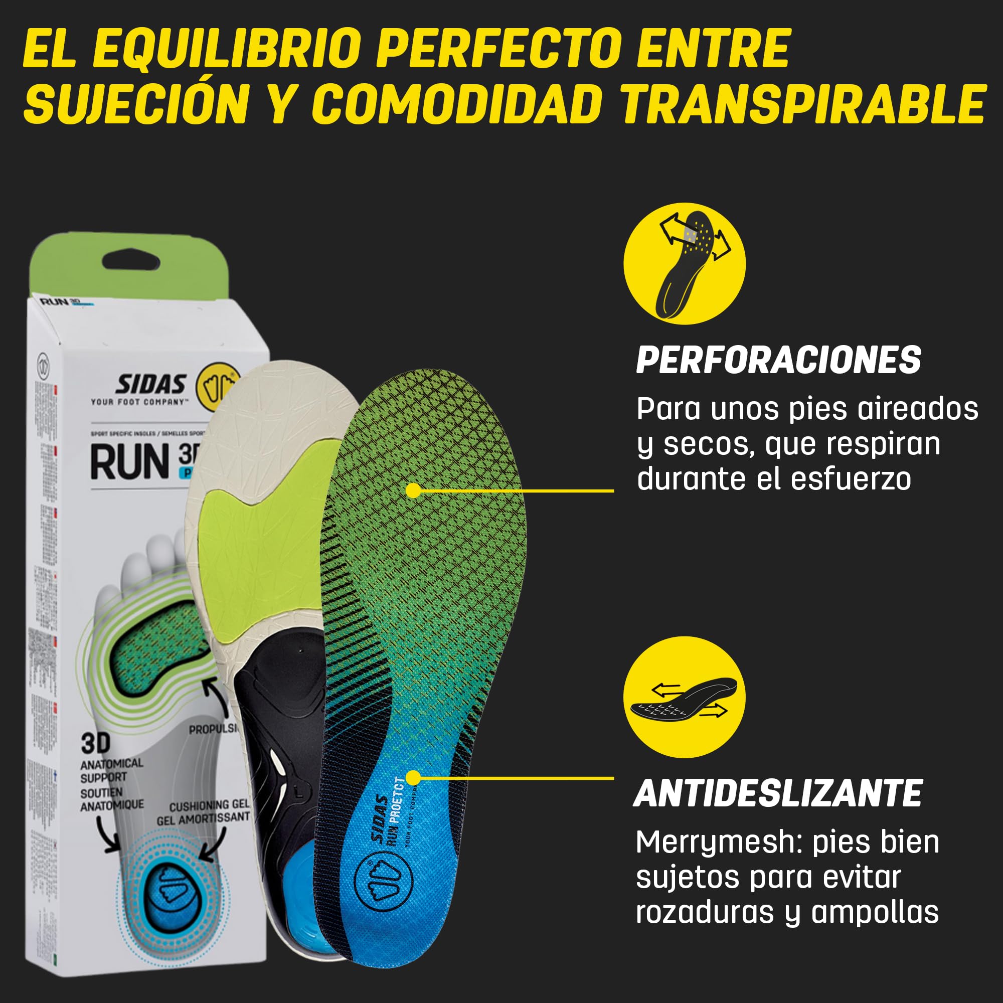 Sidas 3D Run Protect, Plantillas para running y trail, Propulsión y estabilidad, Amortiguación y comodidad duradera, Plantillas para calzado de hombre y mujer.