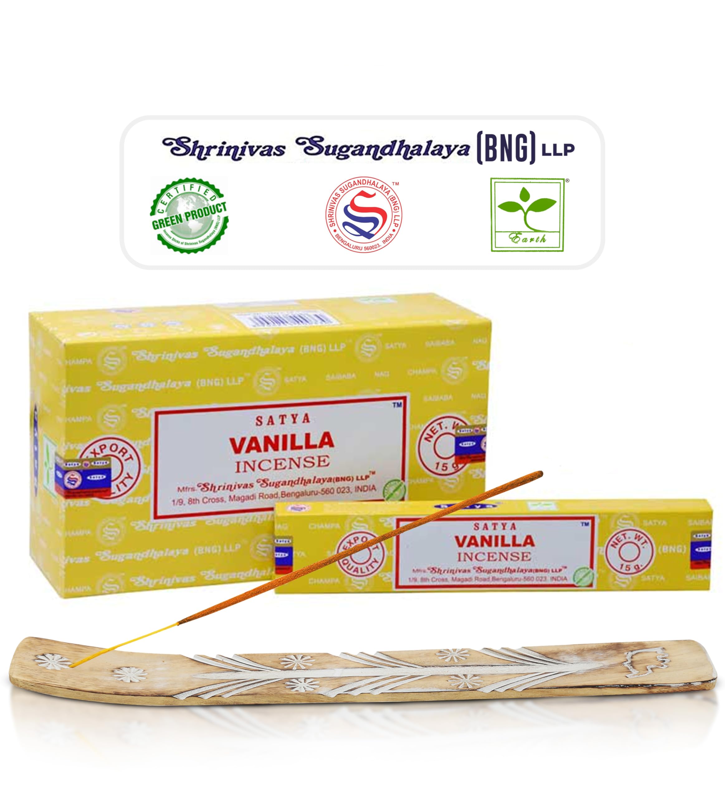 Satya Vanilla Incense Sticks - Bng 15gmx12 Pack With Raajsee Incense Holder Bundle - Nagchampa Natural