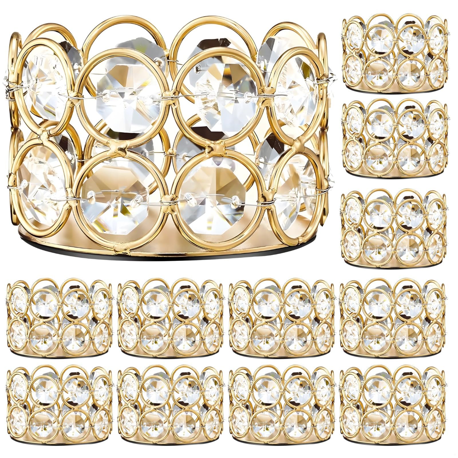 12 portacandele in cristallo con struttura in metallo dorato e design con strass, eleganti centrotavola per matrimoni e feste