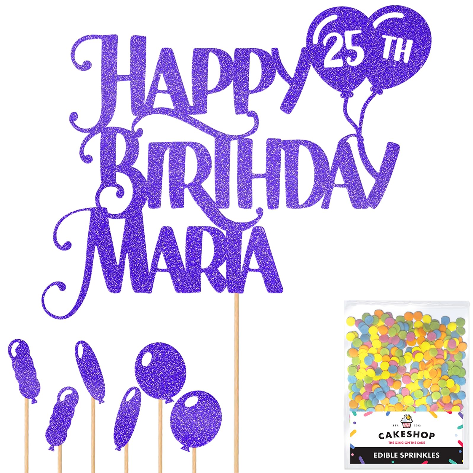 Personalised Happy Birthday Glitter Cake Topper inc Balloons - Blue Any Name & Age Glitter Cake Decoration and Sprinkles - Happy Birthday Decorations - Personalised Toppers for Cakes by Cakeshop