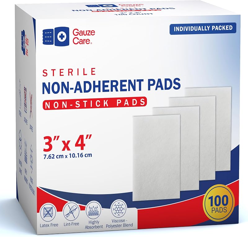 3x4 Inch - Pack 100 Non-Stick Gauze Pads for Wounds, Non-Adherent, Highly Absorbent, Painless Removal, Individually Wrapped for Extra Protection