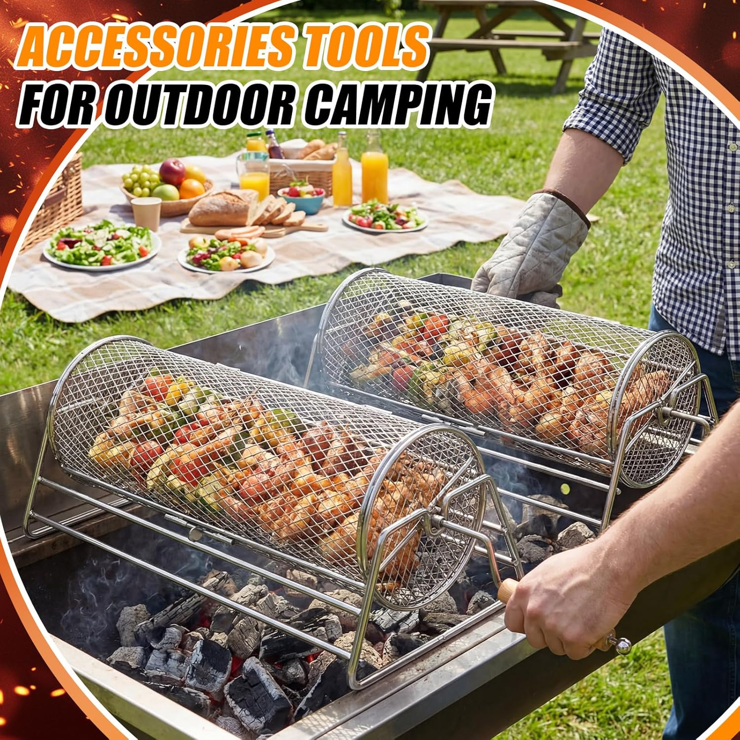 Gisafai 2 Set Rolling Grill Baskets, 304 Stainless Steel, Rotating Nesting Grill Basket, Removable Wooden Handle, Nesting Grilling Net BBQ Accessories Tools for Outdoor Camping, Gifts for Dad Husband