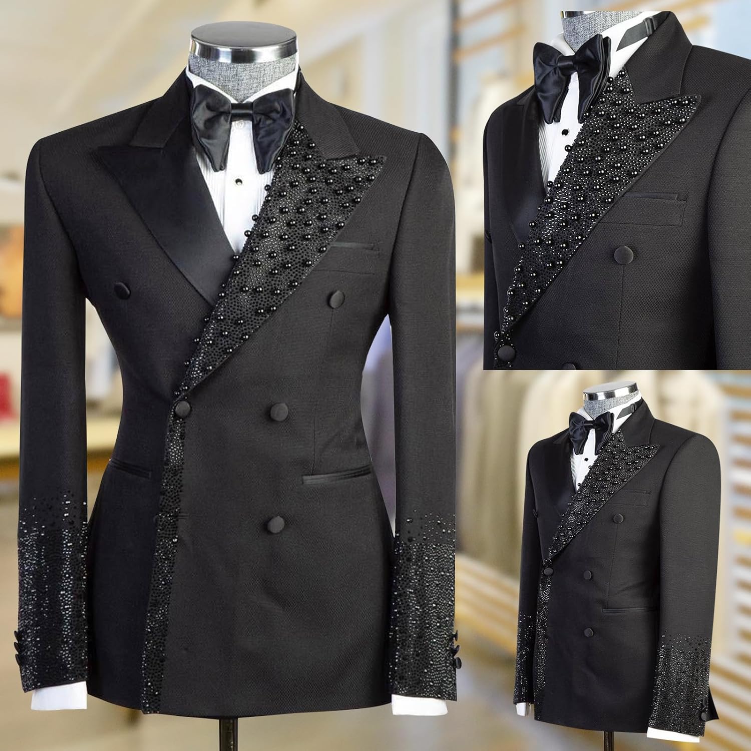 Men's Luxury Tuxedo Slim Fit Wedding Groom Men Black and Gold Sequin Peaked Lapel for Prom Party Dinner