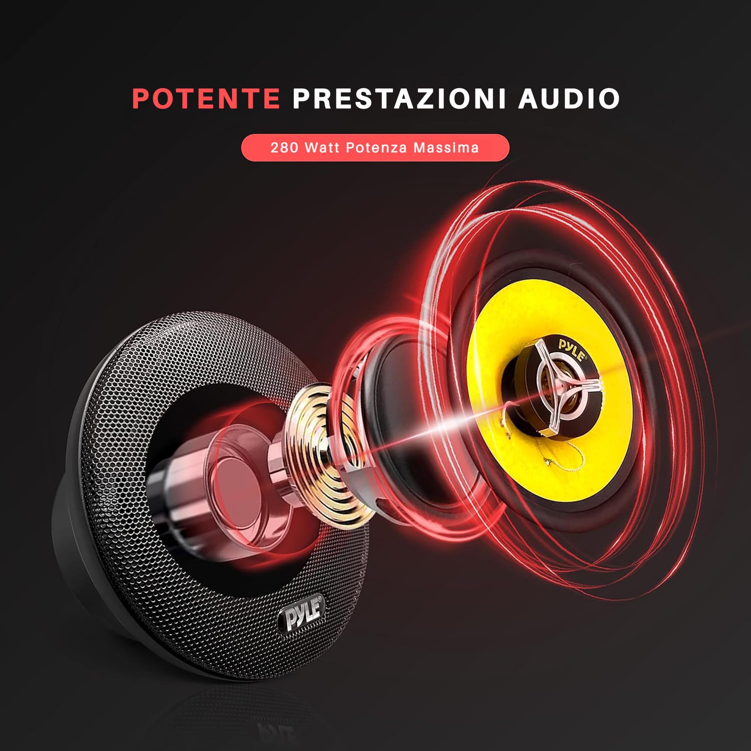 Pyle Sistema di Altoparlanti Auto a Tre Vie Giallo/Nero, 16,5 cm, 280 Watt, 4 Ohm, con Tweeter e Magneti da 1 kg, Profondita di Montaggio 5,7 cm, Coppia