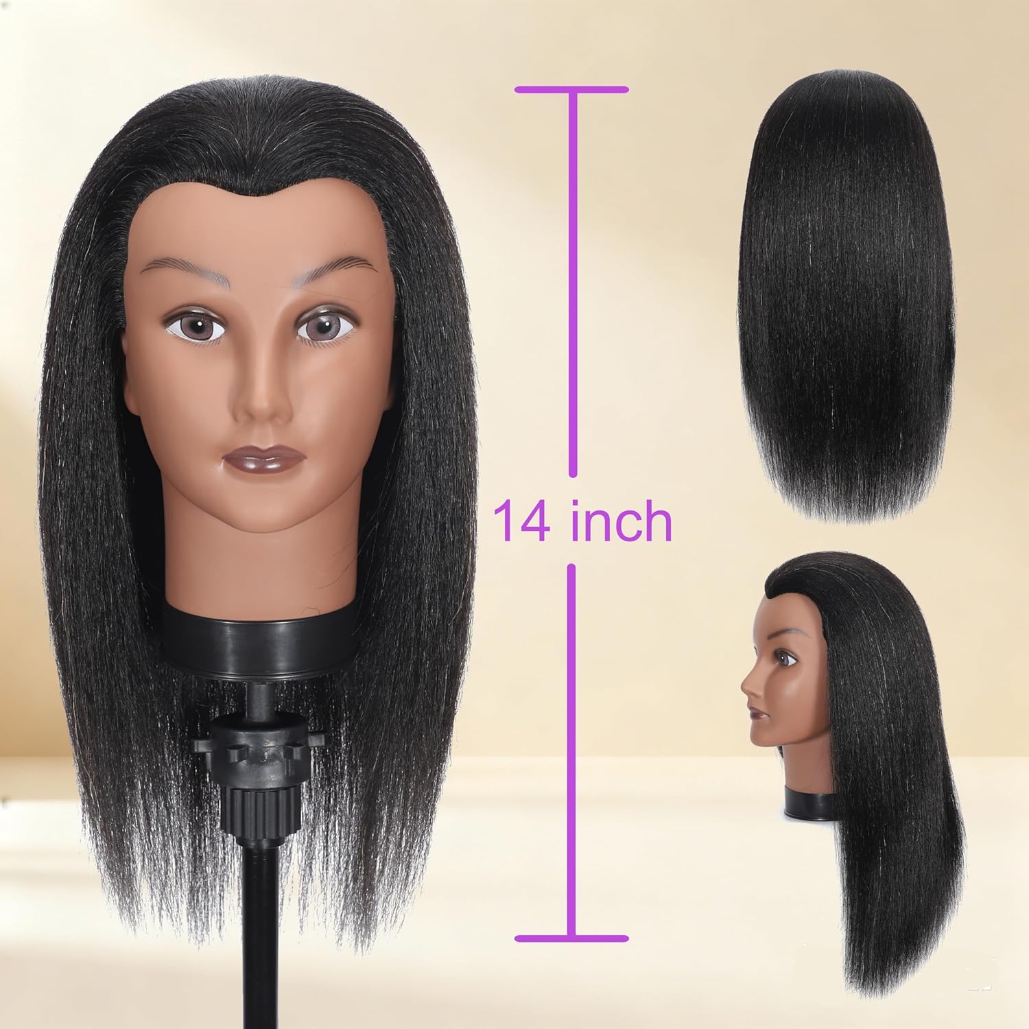 Mannequin Head Human Hair 14''，100% Real Human Hair Mannequin Head Cosmetology Doll Head Manikin Head for Hairdresser Braiding Practice with Free Clamp Holder