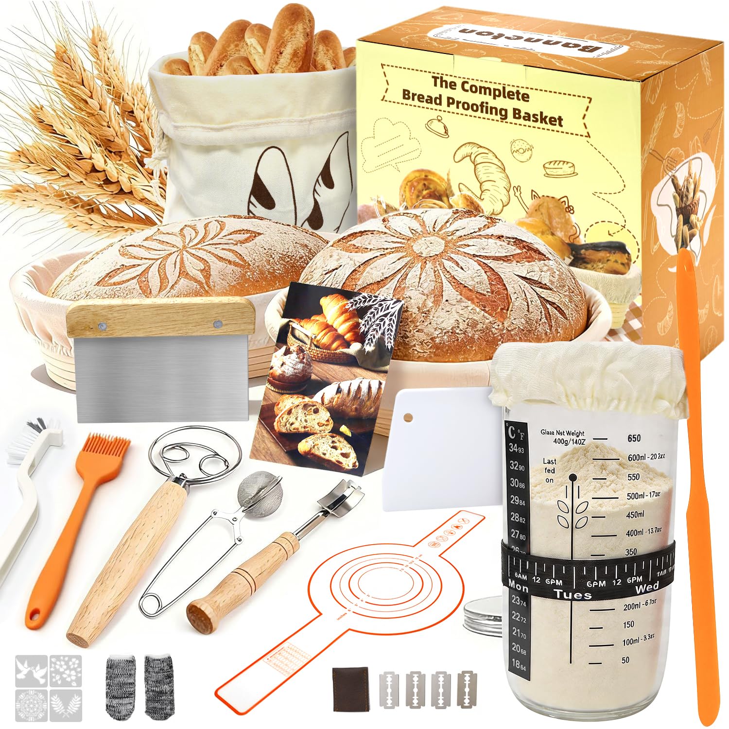 Sauerteig Starter Set 12-teilig - Gärkörbchen (23cm Rund, 26cm Oval) aus 100% Natur-Rattan - Brot Backen Zubehör für Anfänger inkl. Sauerteigglas, Brotmesser & Brottasche