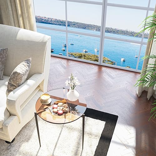 Miniatura 7 de Mesa auxiliar moderna redonda con patas de metal con tapa de vidrio templado, 19.8 pulgadas, color marrón Marrón,Gris