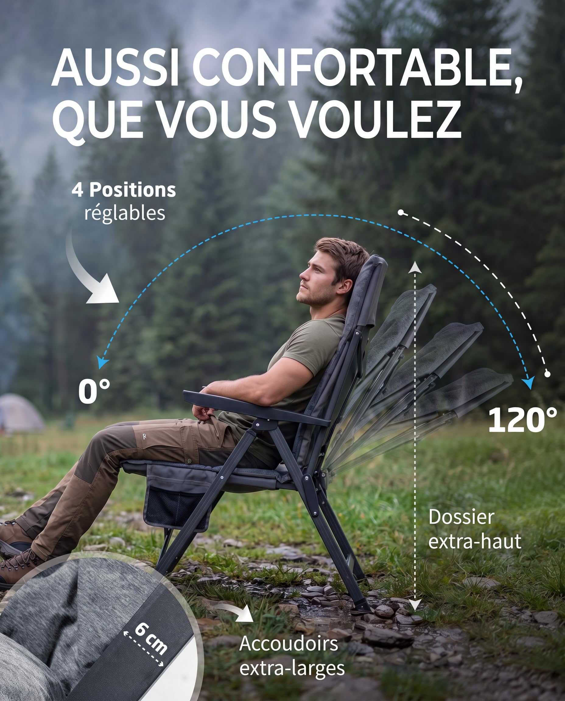 NORDMUT® Chaise de Camping Premium Pliante avec Dossier Haut – Stable réglable en 4 Positions – Chaise de Jardin Confortable supportant 140 kg pour Camping & Outdoor (Gris cendré 1x)