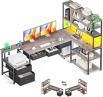 79 inch L Shaped Desk with 5 Drawers, Reversible L Shaped Gaming Desk with LED Light & 2 Power Outlets, Computer Desk with Storage Shelves for Home Office, Grey Oak