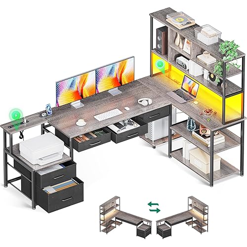 AODK 79 inch L Shaped Desk with File Drawers, Reversible L Shaped Gaming Desk with Power Outlets & LED Lights, Computer Desk with Storage Shelves for Home Office, Grey Oak