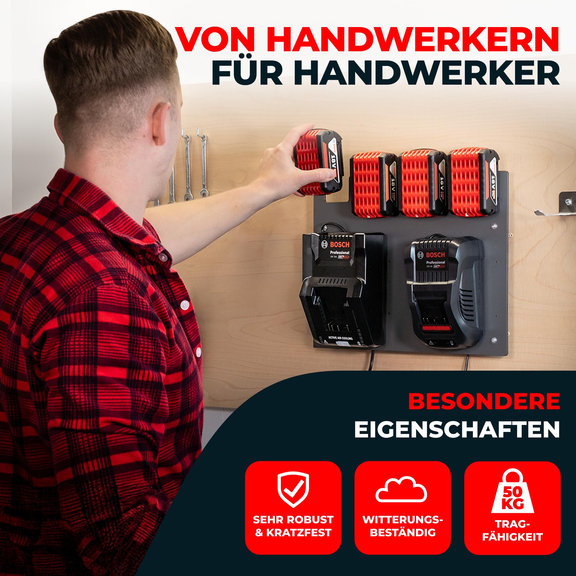 Wandfest® Wandhalterung für Bosch Akkus und Ladegeräte - Das Original | inkl. Befestigungsmaterial [Made IN Austria] Bosch Akku Halterung für 1-4 Akkus | Jetzt mehr Ordnung in Werkstatt und Garage