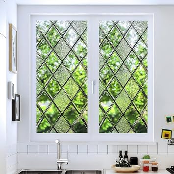 HOMETITUTE Stained Glass Window Film 17.7x39.3 inch Geometry Green Scenery Window Privacy Film Stained Decals Static Cling Sun Blocking Decor for Home Office Windows Door Glass Partitions