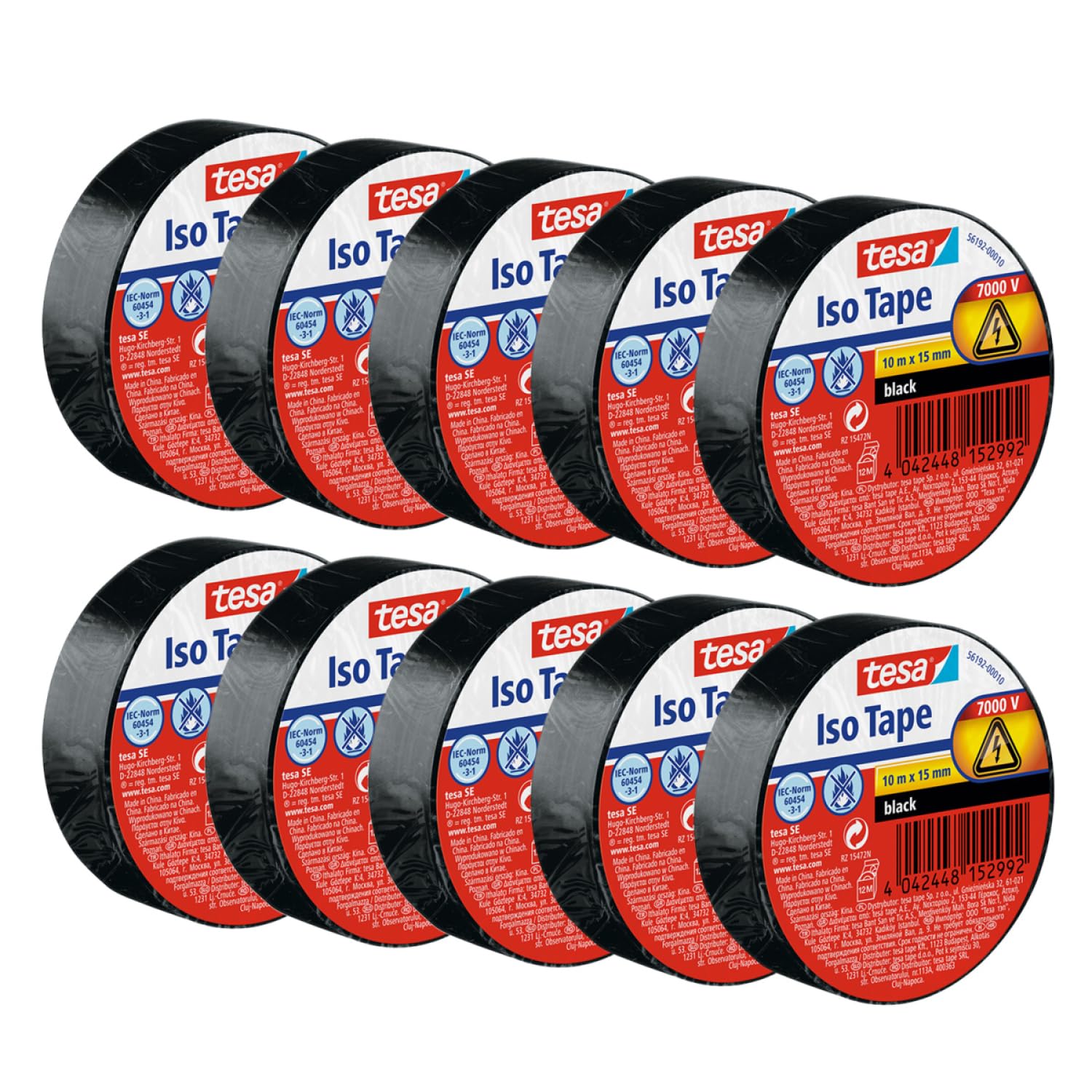 tesa Isolierband – 10er Pack, Schwarz, 10 m × 15 mm (10 Rollen)