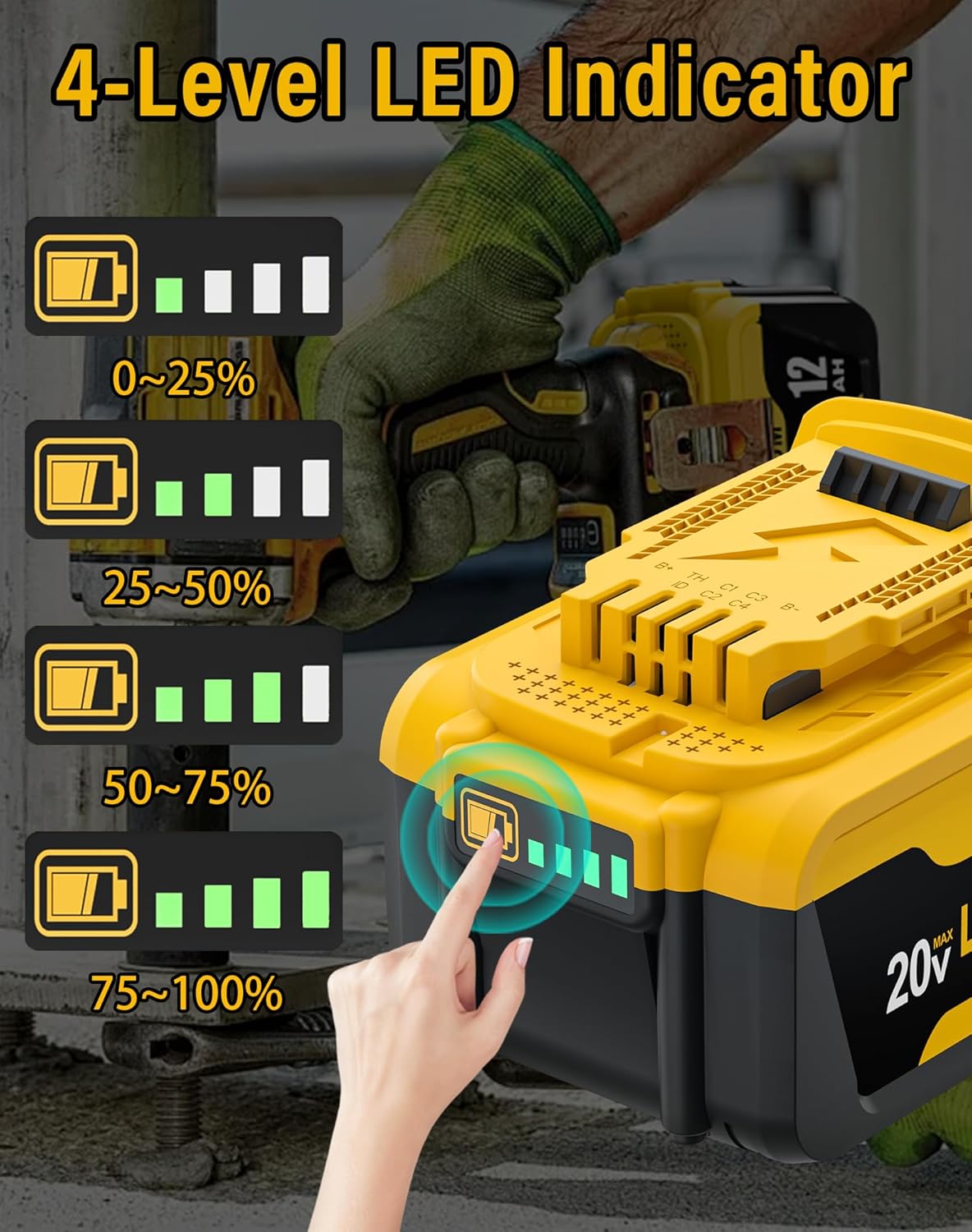 4Pack 12.0Ah Battery Replacement for Dewalt 20V MAX Battery DCB205 DCB208 DCB210 Compatible with Dewalt 20 Volt Lithium-Ion Batteries Cordless Power Tools - Image 6