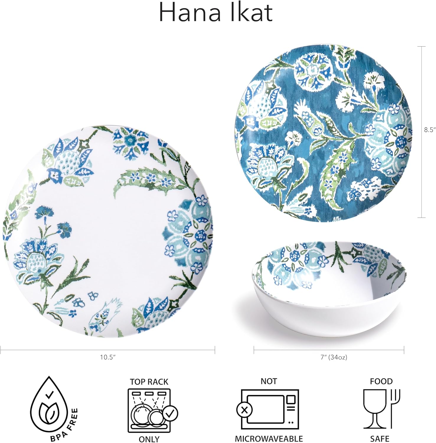 Hana Ikat 7'' Cereal Bowl Durable Melamine Indoor/Outdoor, Shatter-Resistant, and Dishwasher Safe Dinnerware for Cereal, Pasta, or Salad - Blue - Set of 6
