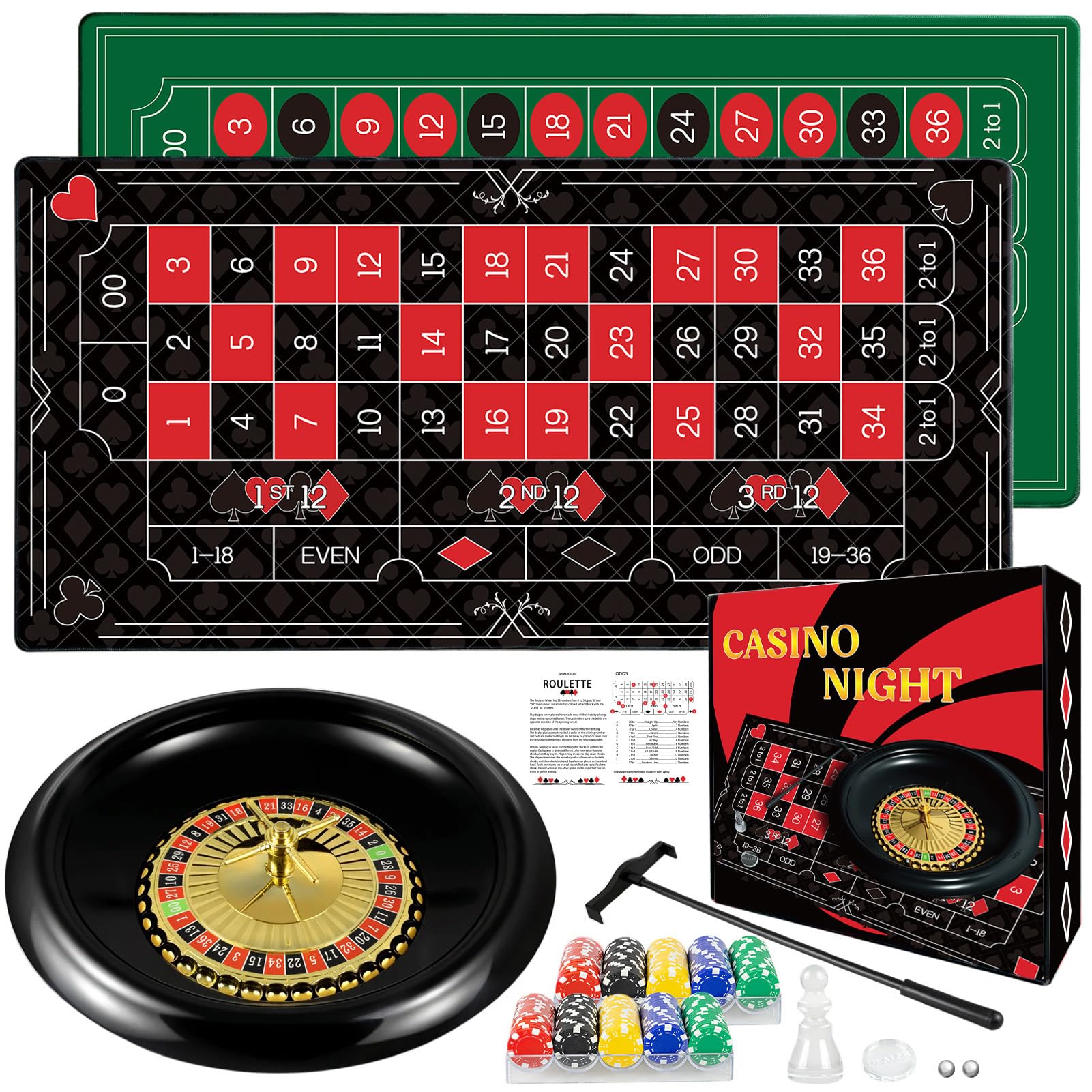 Photo 1 of 16 Inch Roulette Wheel Game Set Include Black Roulette Wheel,47.2" x 23.6" Anti-slip Rubber Game Mat x2, 200 Chips, Chip Rake, Win Marker, Dealer Button, Instruction Manual,Storage Box (Style 1)