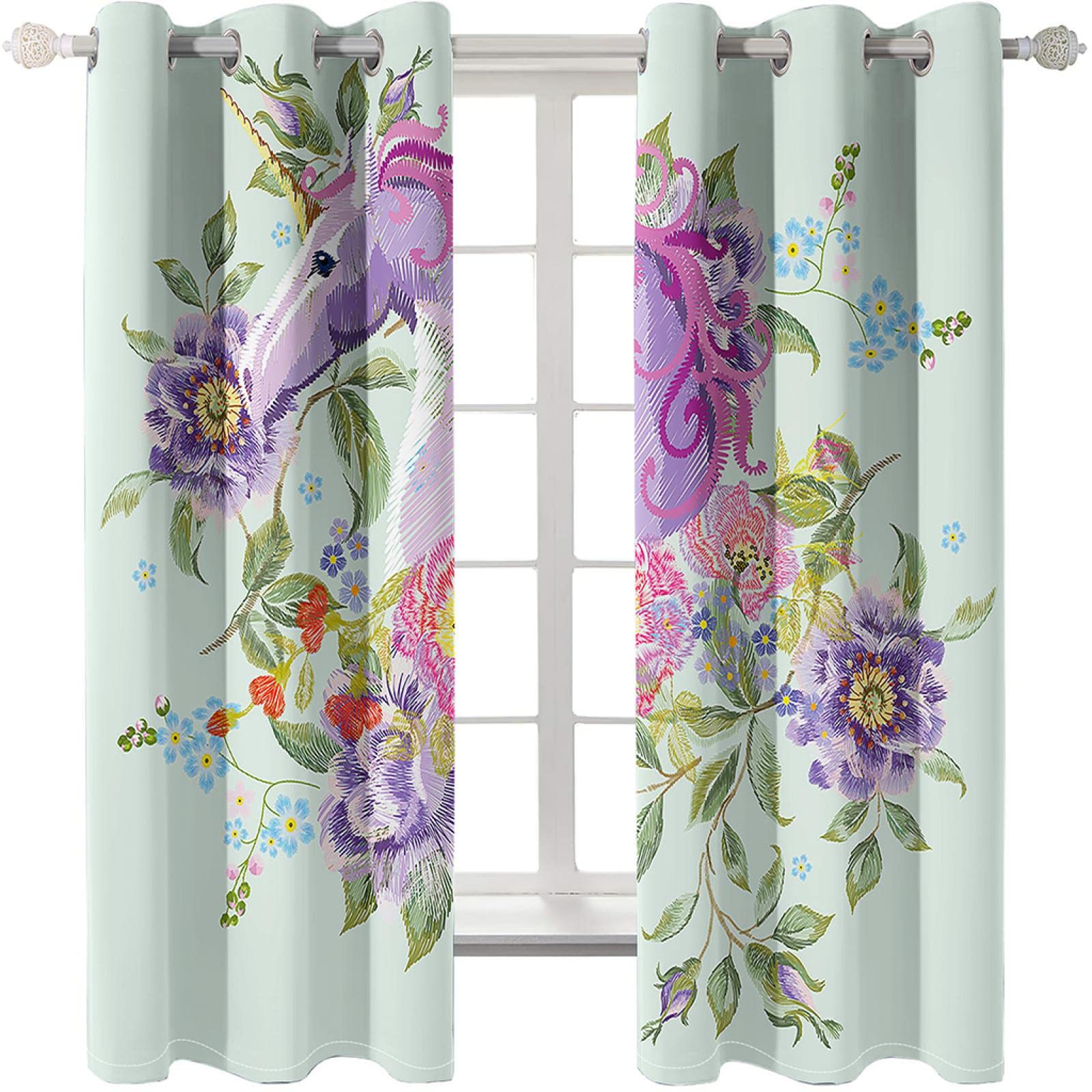 Rideaux occultants pour Enfants, Motif Licorne Violette, Magnifiques Rideaux occultants à œillets, Isolation Thermique, imprimés, pour Chambre d'enfant, Lot de 2 Panneaux, 220 x 215 cm