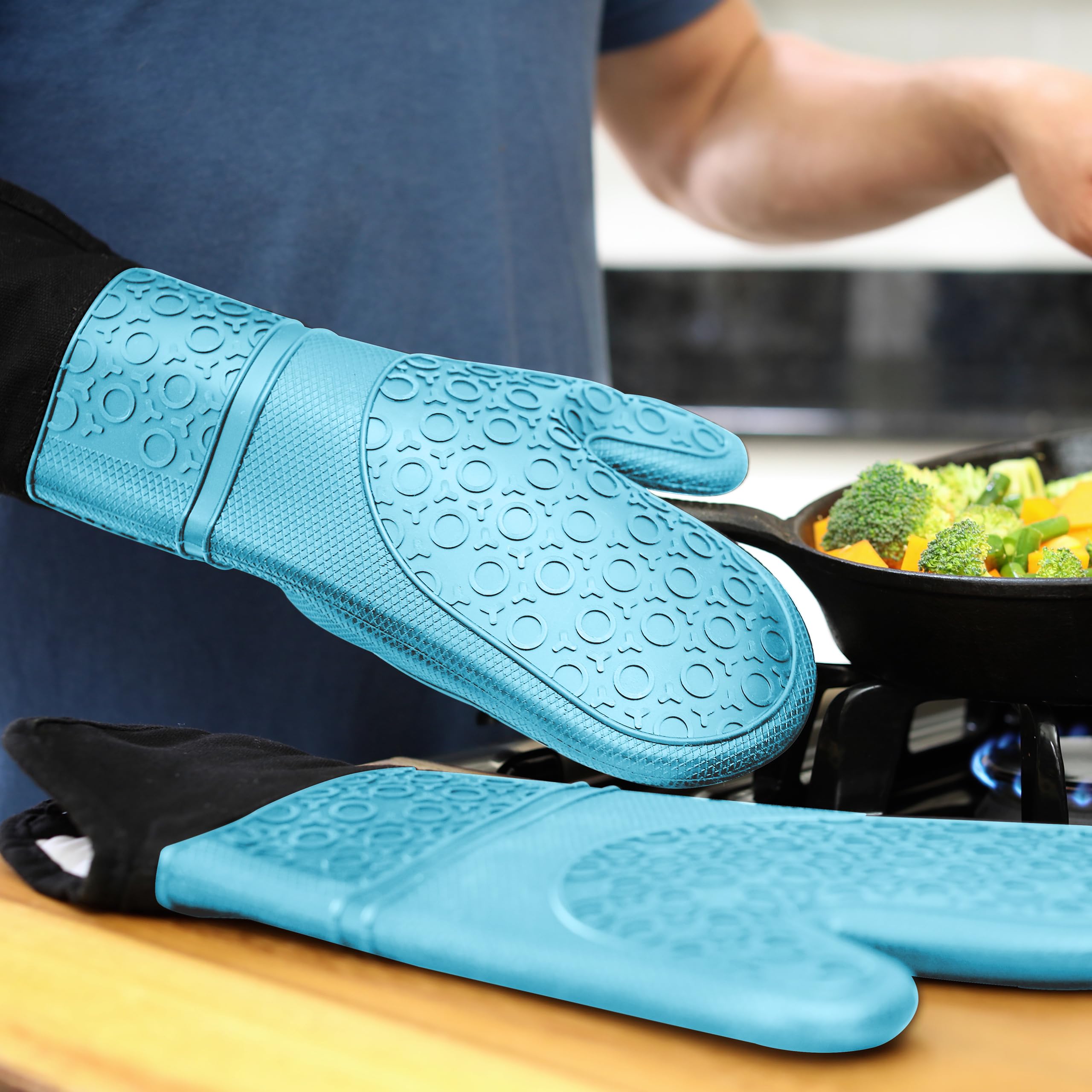 BPA-Free Soft Silicone Oven Mitts - Ultra Heat Resistant Oven Mitts with Thick Cotton Liner - Extra Long Slip Resistant Pot Holders, Flexible Oven Gloves - Aqua/Black 14.7" - Image 9 thumbnail