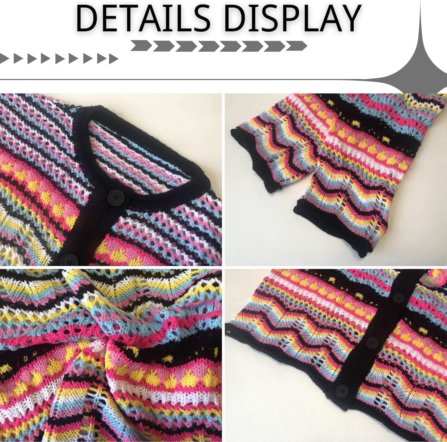 CORIRESHA Women's Multicolored Striped Crochet Knit Cardigan Crew Neck Flared Sleeve Button Y2K Sweater Coat - Image 6