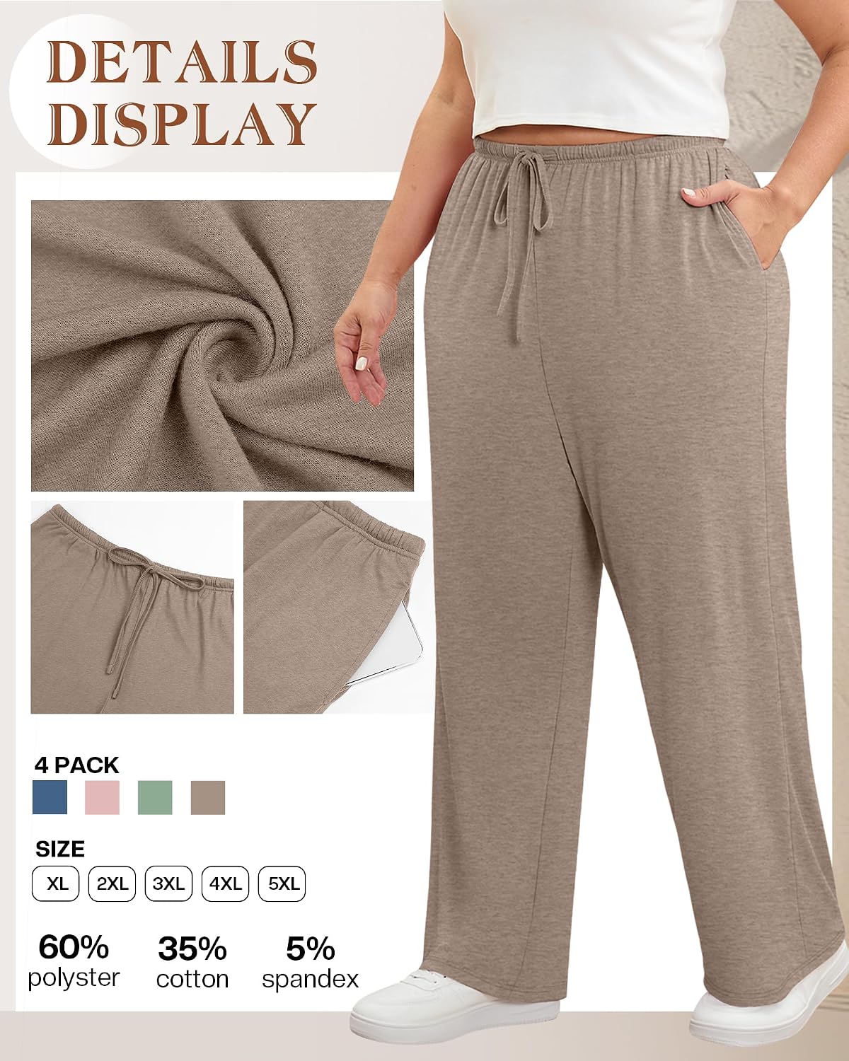 Oakgarden 4 Pack Women's Plus Size Lounge Pants with Pockets, Wide Leg Yoga Loose Drawstring Pants Casual Sweatpants Jogger