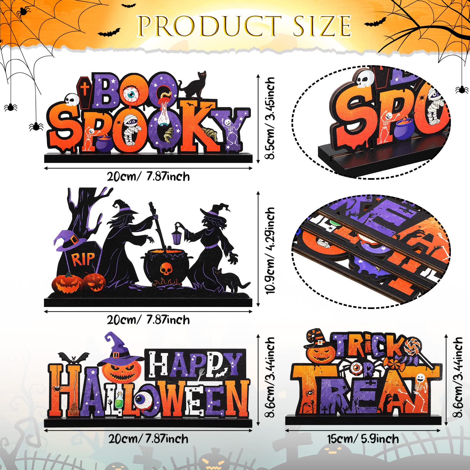 4-Piece Happy Halloween Wooden Centerpiece Signs - 9x5 Inches, Table Decor With Witch, Pumpkin Designs