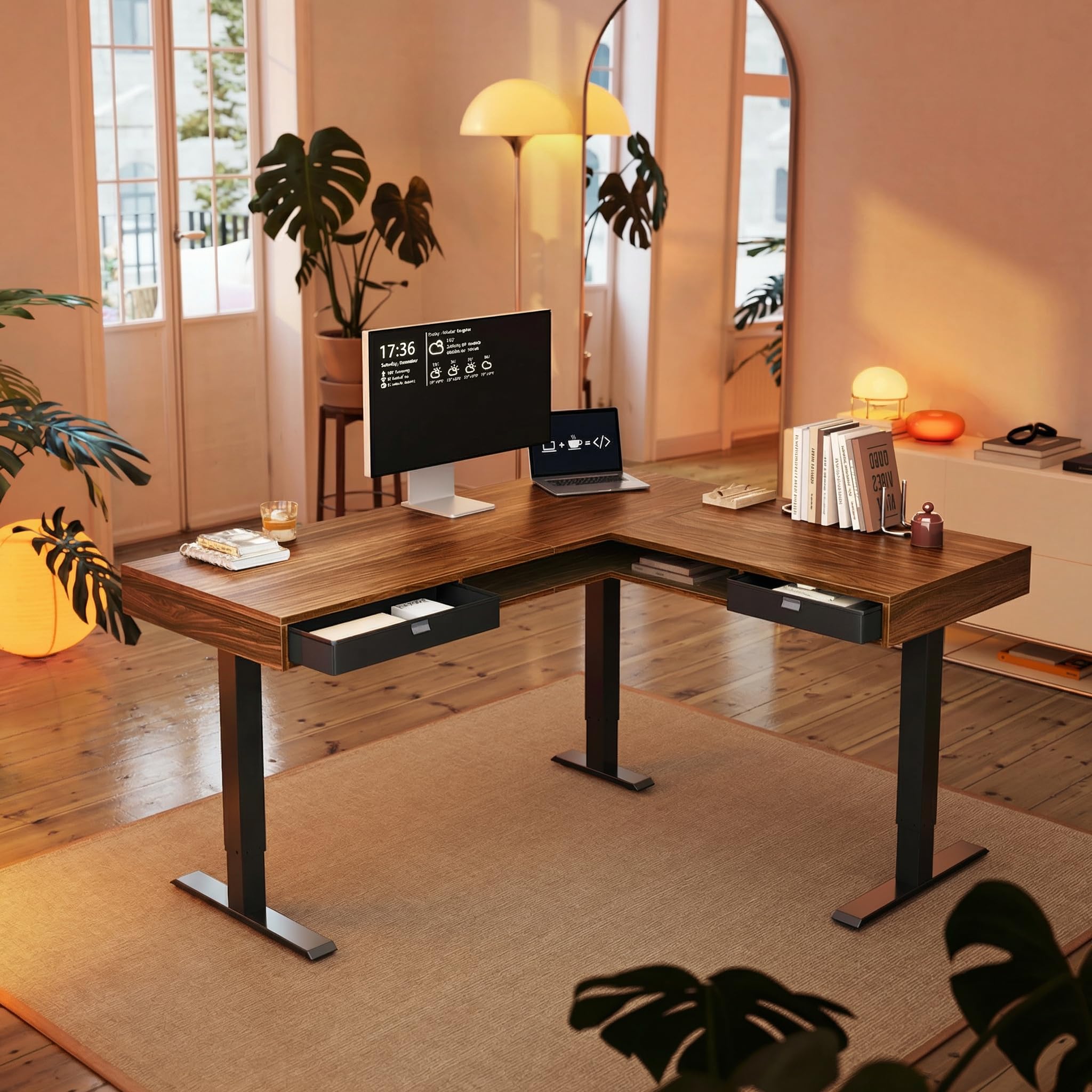 HUANUO Electric L Shaped Standing Desk, 63″x55″ Height Adjustable Corner Computer Desk with 2 Under Desk Drawers & Open Storage Sapce, Sit Stand Up