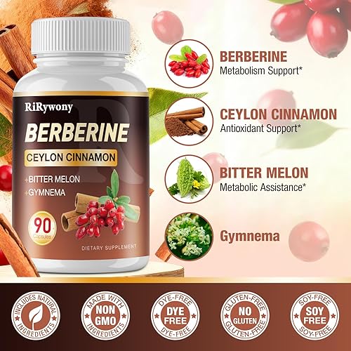 Miniatura 4 de Suplemento de berberina, berberina con melón amargo de canela de Ceilán y Gymnama - 1500 mg Berberina HCL para la salud intestinal, paquete de 2 180