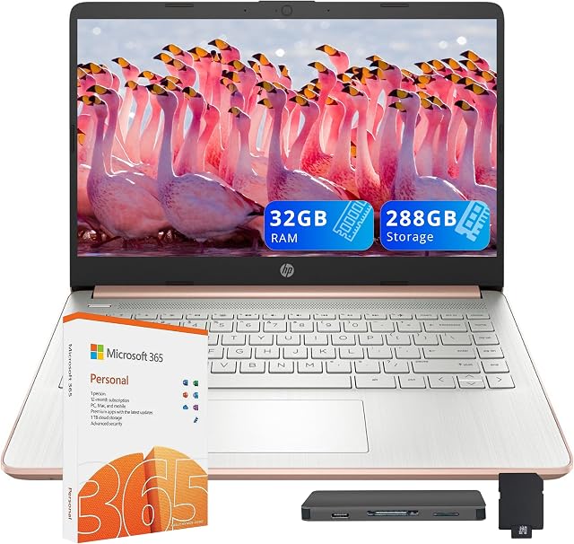 HP Premium Stream 14" HD BrightView Laptop, Intel Celeron N4120, 32GB RAM, 288GB Storage(128GB eMMC+160GB Docking Station Set), UHD Graphics, Webcam, 1 Year Office 365, Windows 11s, Gold