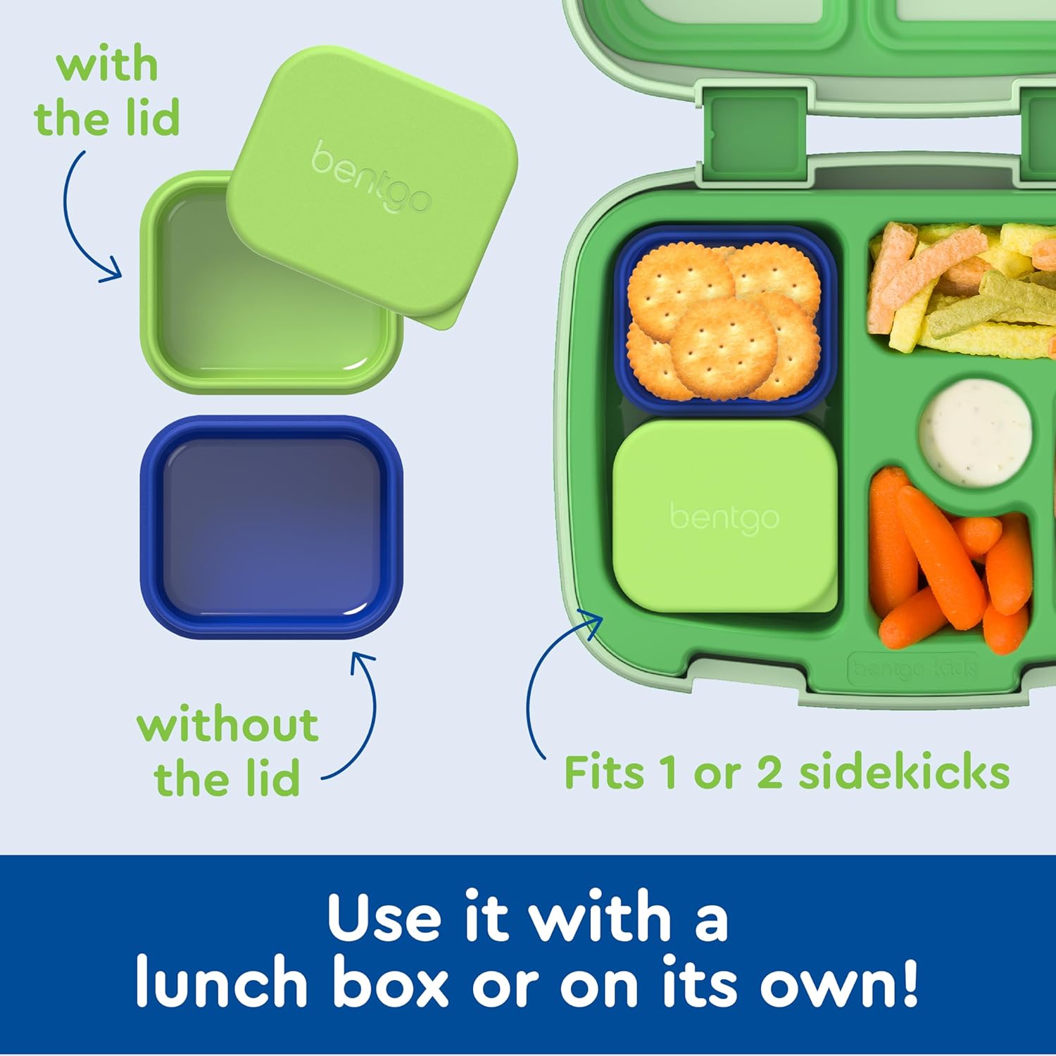 Bentgo Sidekicks 2-Pack Silicone Container Set - Dipping Sauce Cups for Condiments & Small Snacks, Reusable, Durable, & Leak-Proof Liquid Storage, Salad Dressing Container - 2.6 oz (Blue & Green)