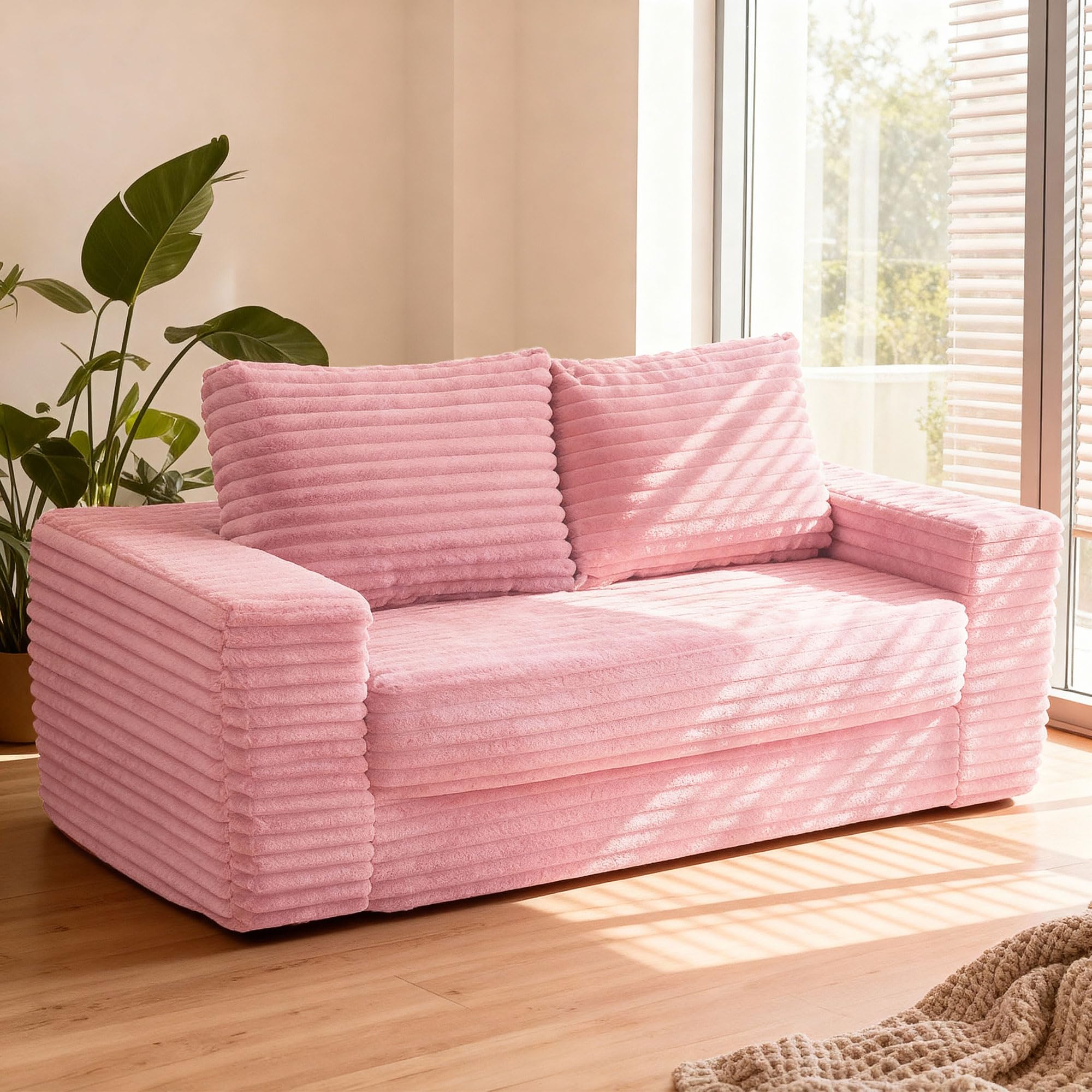 HABUTWAY 62" Boneless Couch,3-in-1 Convertible Folding Sofa Bed,Pink