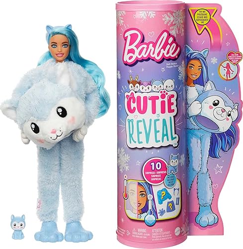 Barbie Muñeca Cutie Reveal - Muñeca de peluche Husky con 10 sorpresas mini mascota cambio de color y accesorios copo de nieve brillante