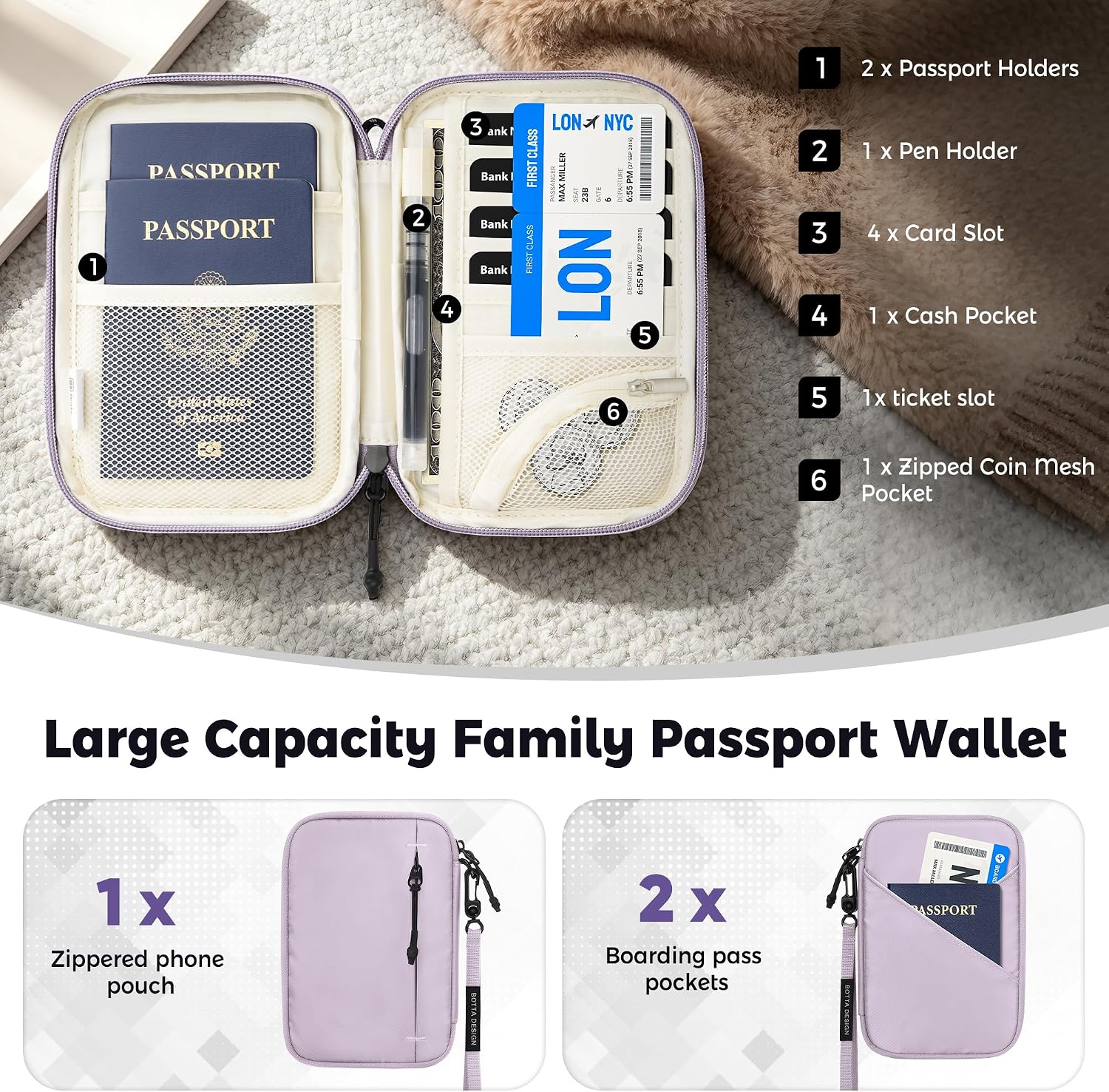 Veki Family Passport Holder for Travel, RFID Passports Wallet, Purple, M