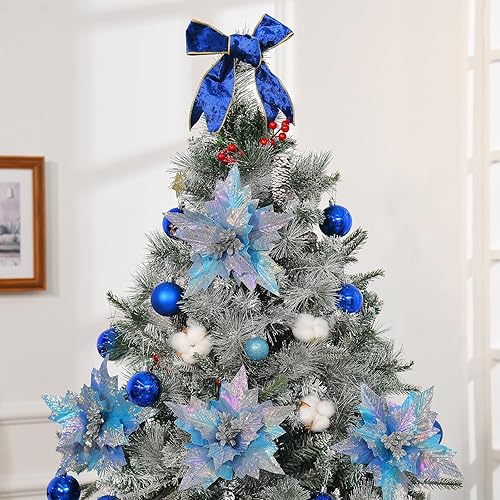 Miniatura 10 de GreenHouzz - 10 piezas de flores de Pascua grandes de Navidad con purpurina para árbol de Navidad, adornos para corona de árbol de Navidad (blanco y