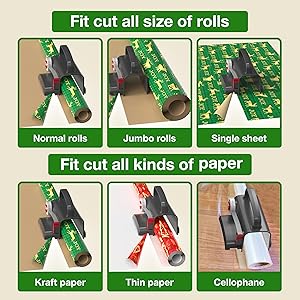 Wraprocut (2-Pack) Wheel Wrapping Paper Cutter & Tape Dispenser with 4 Tapes2 Replace Blades Kit for Christmas Gift Wrap Cutter Tool Paper Roll Holder Tube Sliding Slicing for Birthday Holiday.