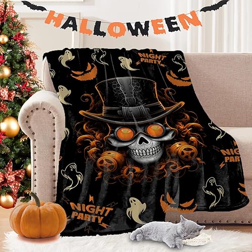 Manta mecánica de Halloween con calavera punk y fantasma para sofá, 50 x 40 pulgadas, manta de fiesta nocturna negra y naranja, tamaño Queen,