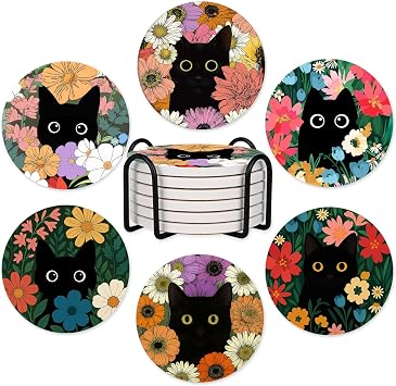 6Pcs Black Cat Coasters with Holder, Funny Ceramic Coaster for Cats Lover