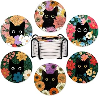 6Pcs Black Cat Coasters with Holder, Funny Ceramic Coaster for Cats Lover | Funny Cat Coasters for Drinks, Round Absorbent Coaster for Coffee Mug, Table Decor