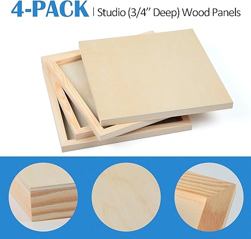 Miniatura 44 de Falling in Art Kit de paneles de lienzo de madera de abedul sin terminar, paquete de 4 tablas de cuna de estudio de 8 x 8 pulgadas de profundidad