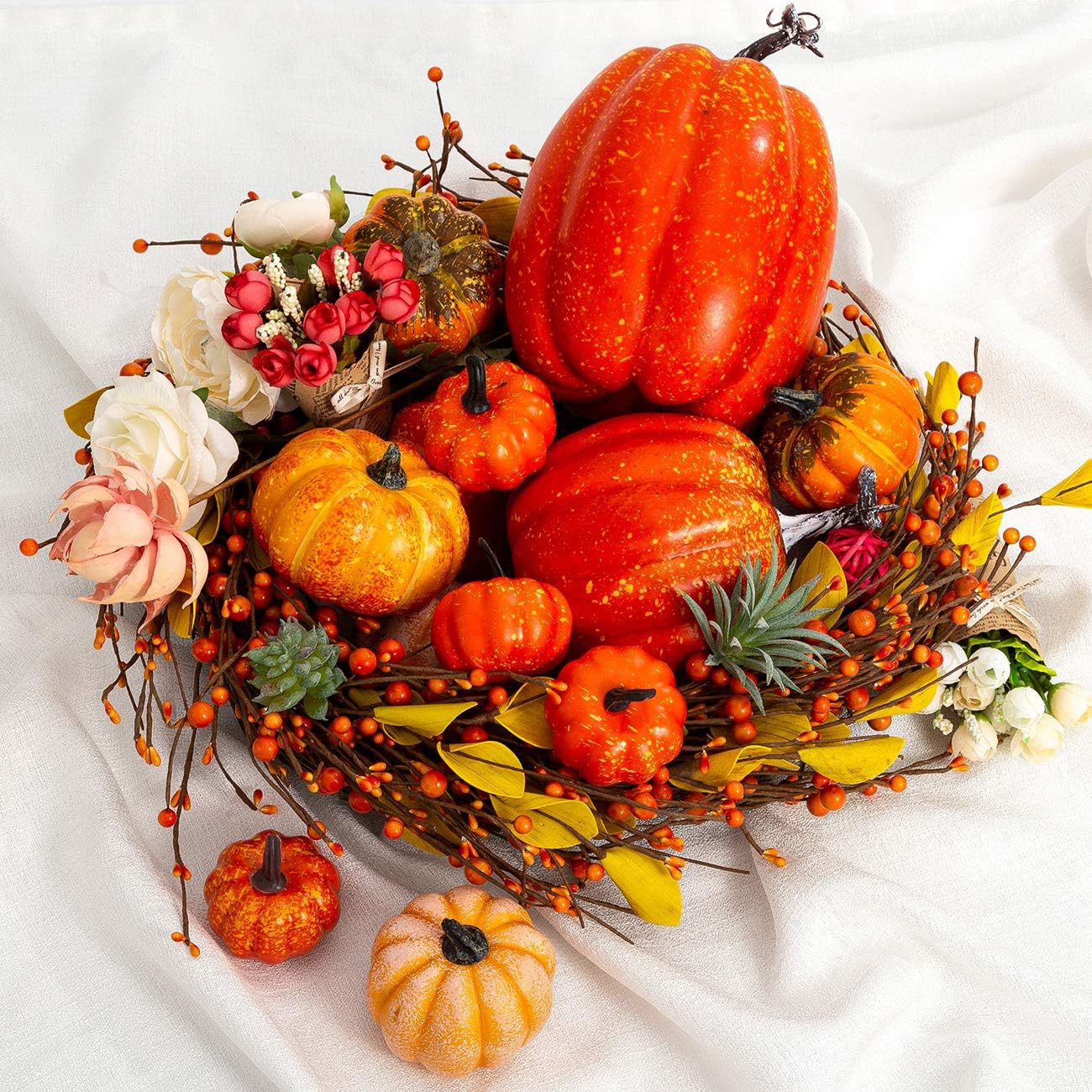 Oyydecor 12Pcs Assorted Sizes Artificial Pumpkins Decoration Harvest Fall Orange Pumpkins Fake Foam Pumpkins for Fall Autumn Decor Thanksgiving Halloween Decorations (Orange, 12pcs)