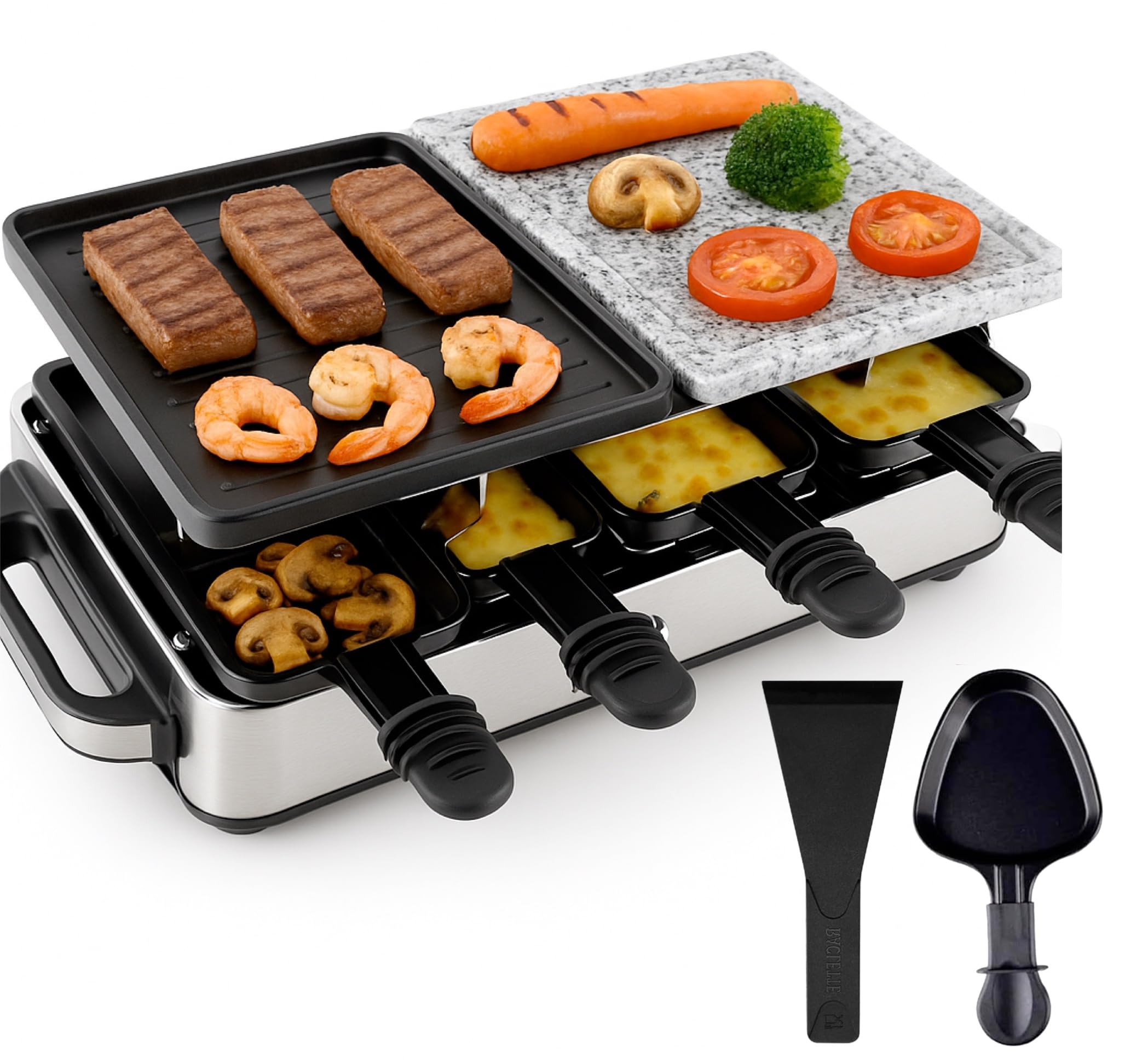 Raclette - Set fonduta per 8 persone, antiaderente, con pentola e griglia da tavolo, con padella, raschietto (angolare)