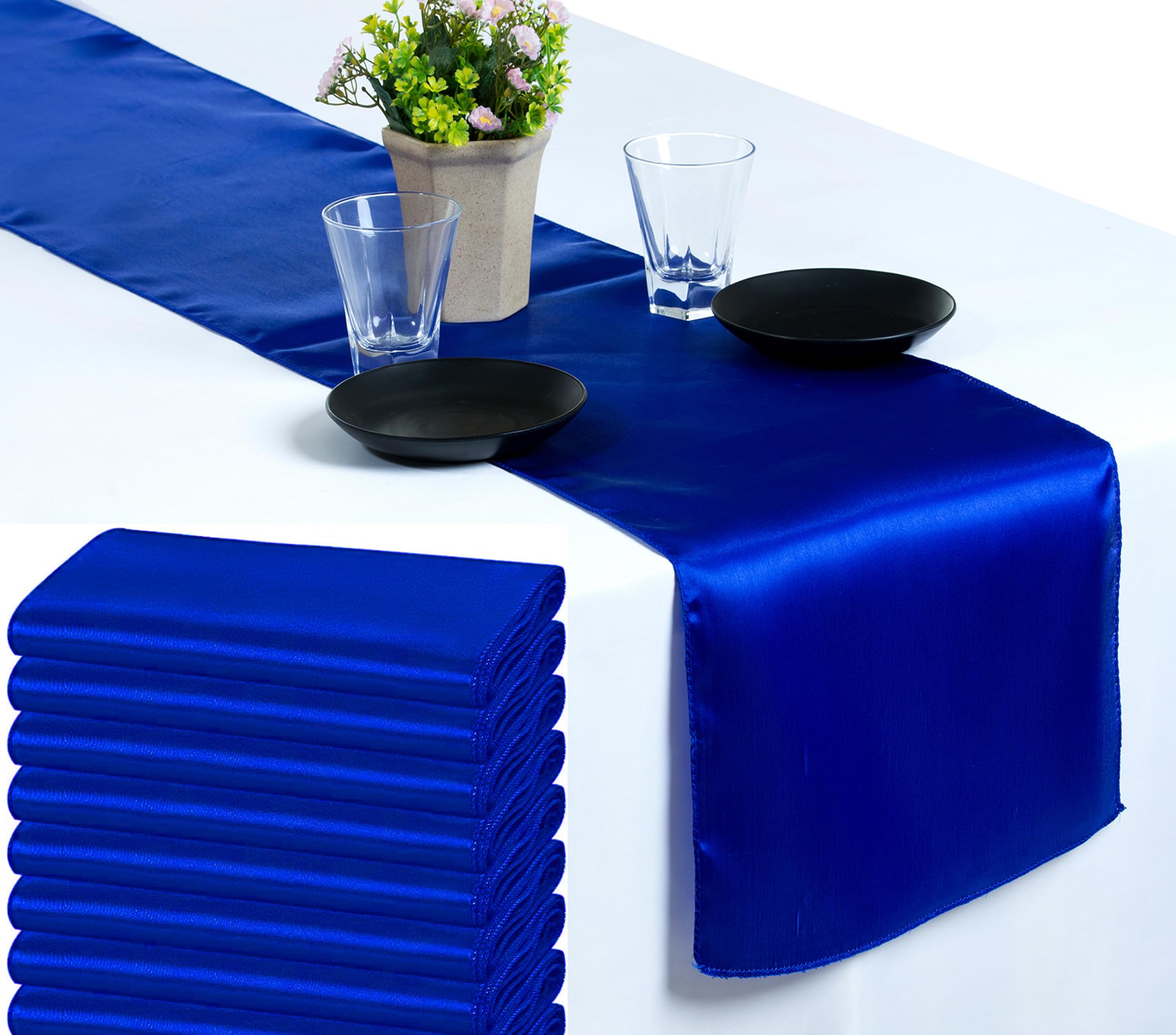 VDS Pack of 15 Satin Table Runners for Wedding & Party Décor 12” x 108”, Smooth Glossy Sateen Fabric Runner, Dining Table Decoration for Reception Banquet & Events Hotel Restaurant - Royal Blue — image 1