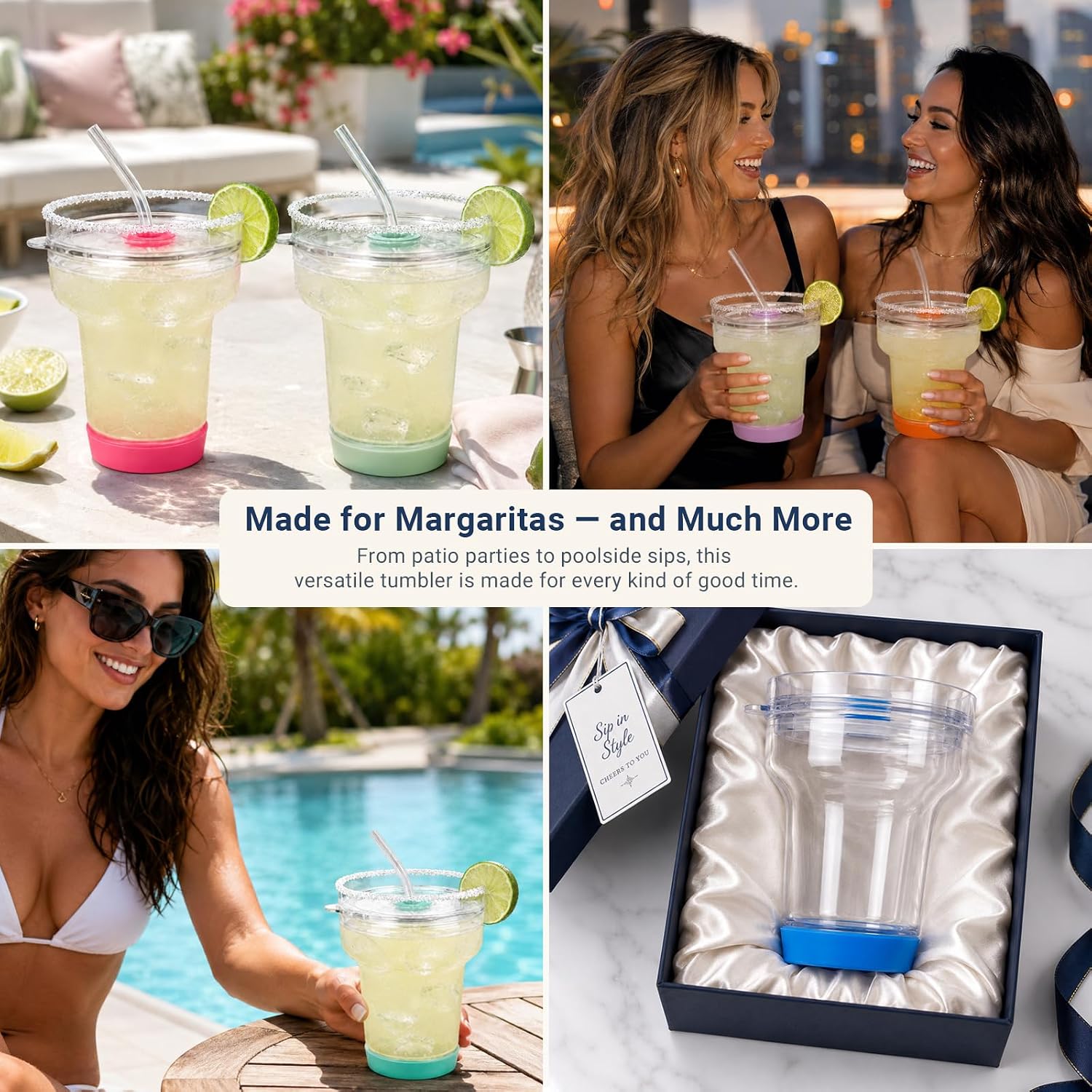 16 oz Margarita Glass with Lid and Straws, Spill Proof Cocktail Cup | Borosilicate Glass, Stemless Design, 360 Sippable Martini Glass Alternative, Stable Silicone Base, Cup Holder Friendly