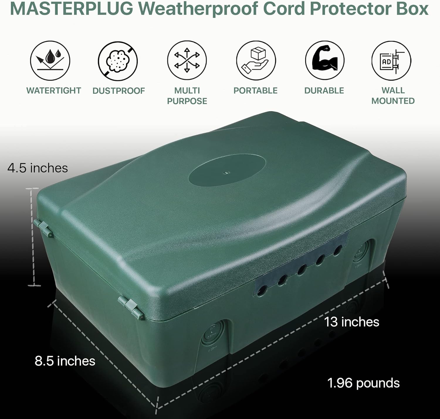 MASTERPLUG Weatherproof Cord Protector Box - Outdoor Waterproof Plastic Box Plug Cover, Durable Extension Cord Holder, Multi Plug Outlet Organizer