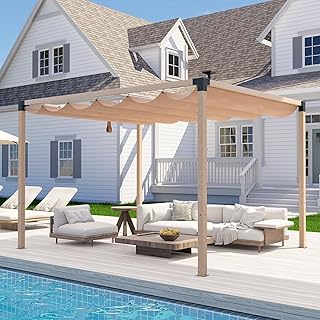10x12 FT Retractable Pergola with Solar LED Lights, Wood-Grain Aluminum ...