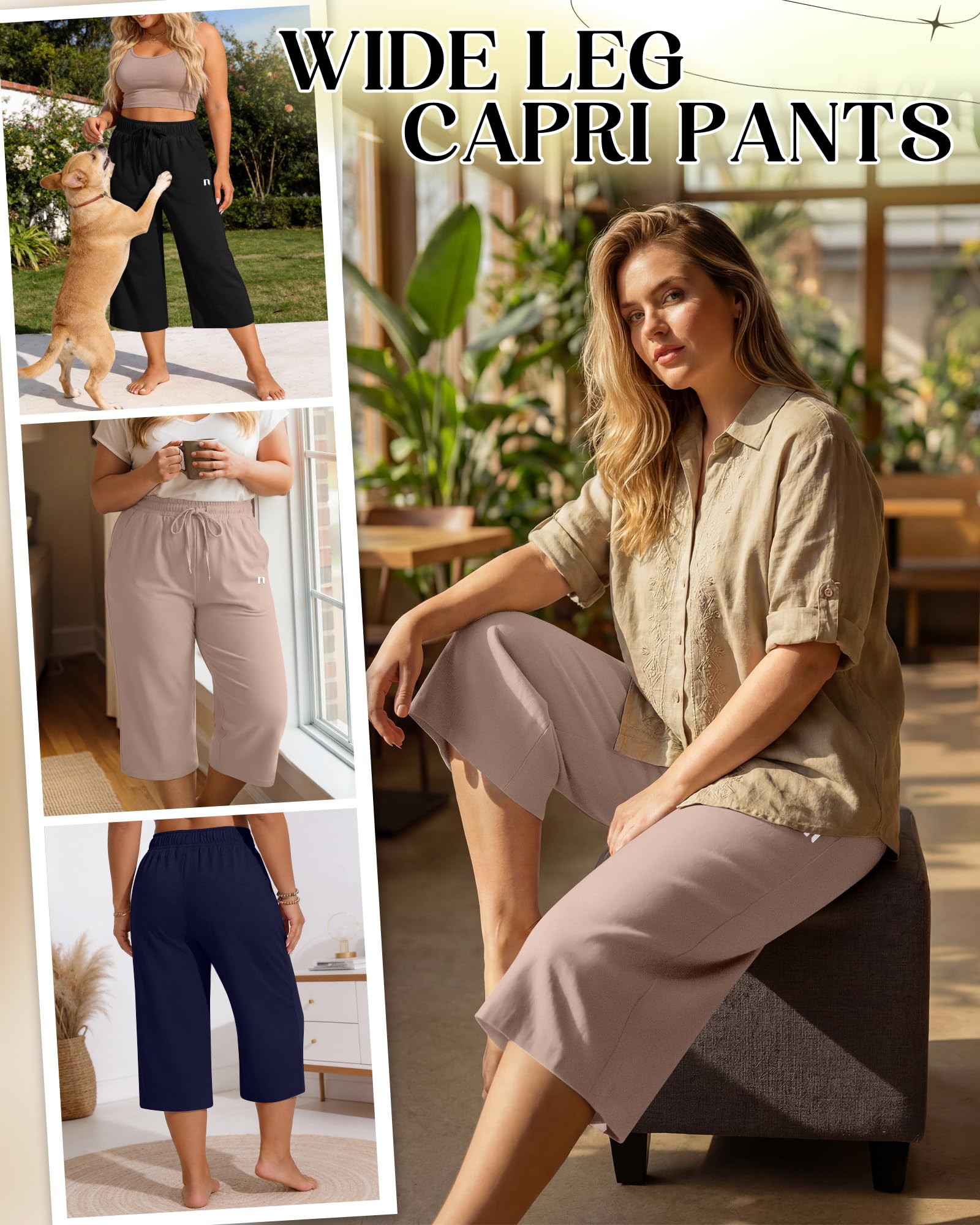 Neer Confezione da 3 Pantaloni Capri da Donna Taglie Forti, Gamba Larga, Modello Casual con Coulisse e Tasche