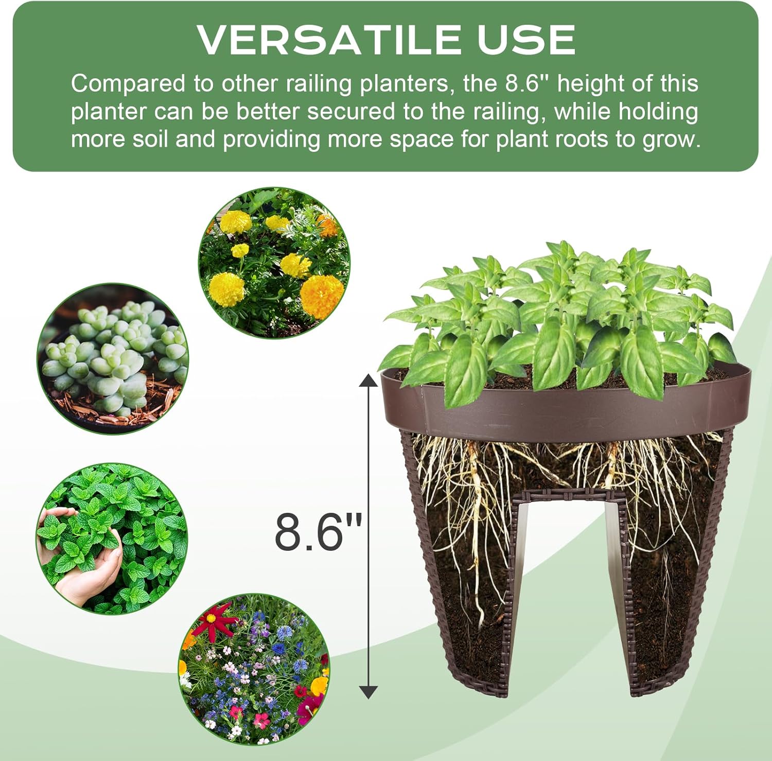 BPS Deck Railing Planter Boxes Set of 4, 20 inch Oval Outdoor Planters with Adjustable Brackets for Patio, Balcony, Fence