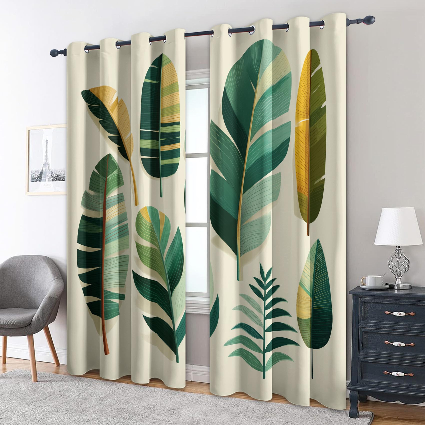 Rideau Occultant Feuille De Bananier, Feuilles Tropicales Motif Rideaux Thermiques à Oeillets, Rideaux Imprimé pour Salon Chambre Fenetre Moderne Décoration, 117x183 cm (L x H), Lot de 2