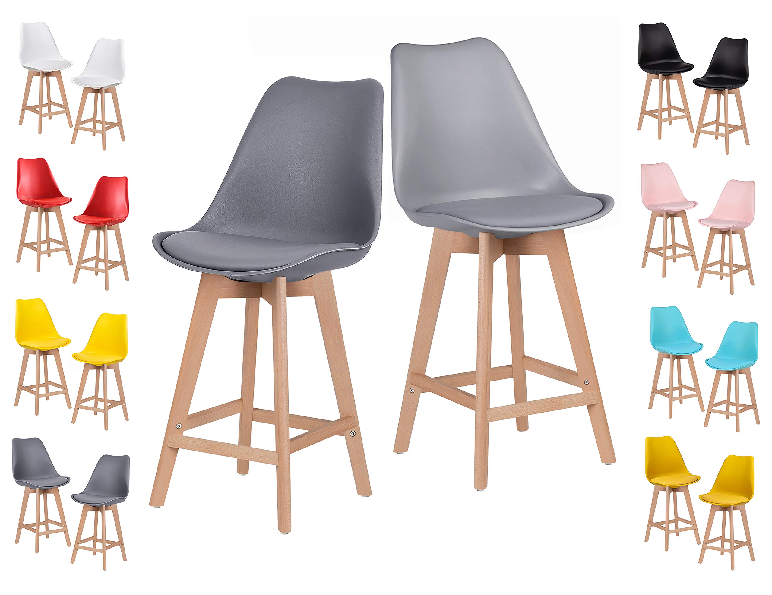 DS Bar stool Plastic seat with PU cushion Bar, kitchen breakfast, wooden legs (Blue, 2)