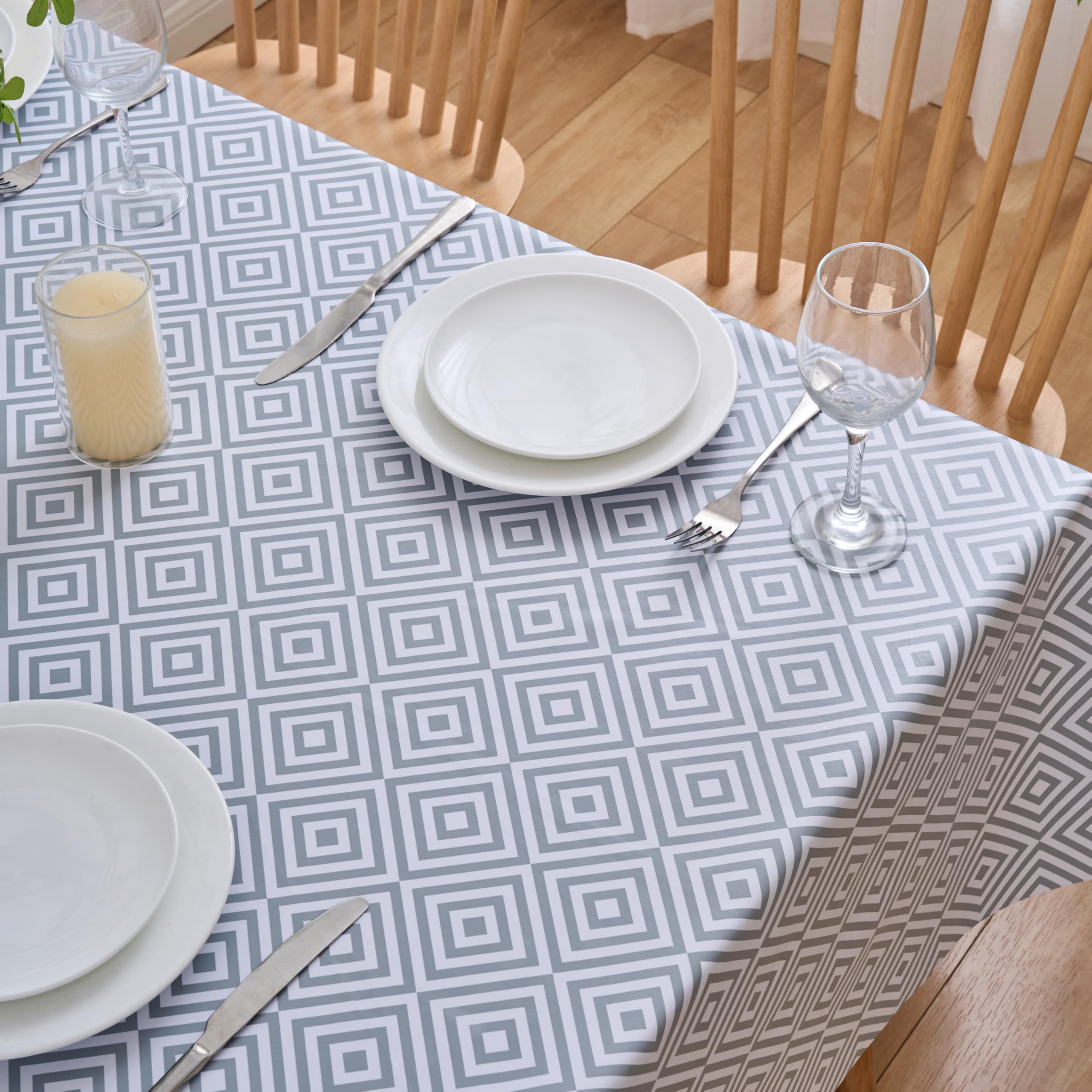 Dehaus® Wipe Clean Table Cloth - Grey Geo Diamond - Wipeable PVC Oilcloth Table Cover - Rectangular Plastic Vinyl Tablecloth - Water Resistant Easy Clean - Kitchen Dining Protector (140 x 250cm)